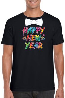 Bellatio Decorations Oud en nieuw t-shirt Happy New Year met vlinderdas zwart heren