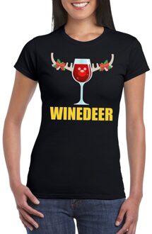 Bellatio Decorations oute Kerst t-shirts - Wijntje - Winedeer - zwart - voor dames - Kerstkleding truien