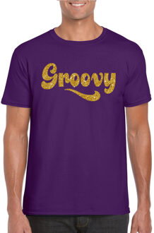 Bellatio Decorations Paars Flower Power t-shirt Groovy met gouden letters heren