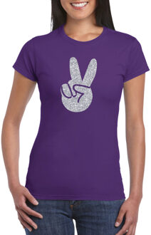 Bellatio Decorations Paars Flower Power t-shirt zilveren glitter peace hand dames