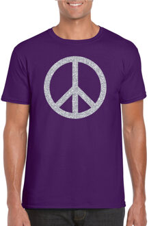 Bellatio Decorations Paars Flower Power t-shirt zilveren glitter peace teken heren