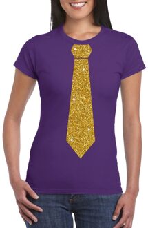 Bellatio Decorations Paars fun t-shirt met stropdas in glitter goud dames L