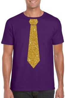 Bellatio Decorations Paars fun t-shirt met stropdas in glitter goud heren 2XL