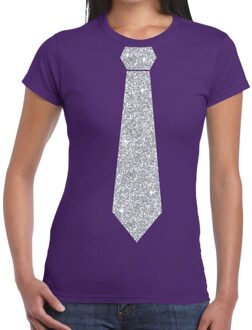 Bellatio Decorations Paars fun t-shirt met stropdas in glitter zilver dames M