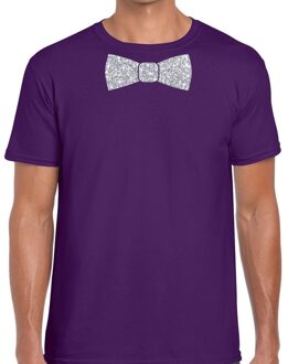 Bellatio Decorations Paars fun t-shirt met vlinderdas in glitter zilver heren