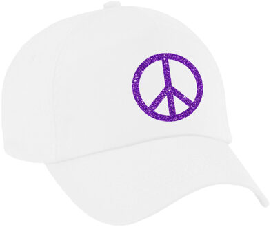 Bellatio Decorations Paars glitter peace teken verkleed pet/cap wit volwassenen - Verkleedhoofddeksels