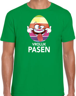 Bellatio Decorations Paasei die tong uitsteekt vrolijk Pasen t-shirt / shirt - groen - heren - Paas kleding / outfit L