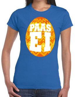 Bellatio Decorations Paasei t-shirt blauw met oranje ei voor dames 2XL