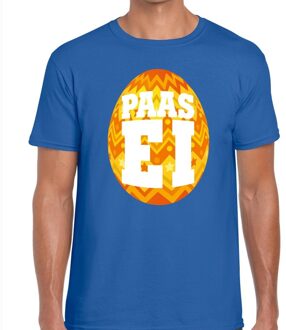 Bellatio Decorations Paasei t-shirt blauw met oranje ei voor heren 2XL