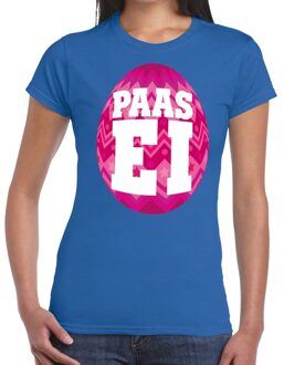 Bellatio Decorations Paasei t-shirt blauw met roze ei voor dames 2XL