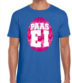 Bellatio Decorations Paasei t-shirt blauw met roze ei voor heren 2XL