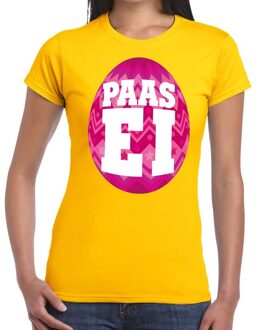 Bellatio Decorations Paasei t-shirt geel met roze ei voor dames 2XL