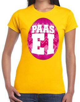 Bellatio Decorations Paasei t-shirt geel met roze ei voor dames