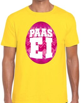 Bellatio Decorations Paasei t-shirt geel met roze ei voor heren XL