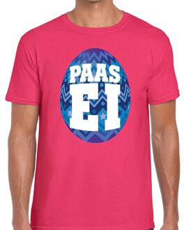 Bellatio Decorations Paasei t-shirt roze met blauw ei voor heren 2XL