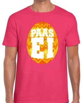 Bellatio Decorations Paasei t-shirt roze met oranje ei voor heren 2XL