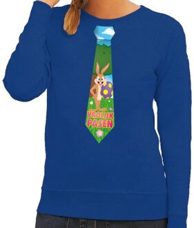 Bellatio Decorations Paashaas stropdas vrolijk Pasen sweater blauw voor dames M