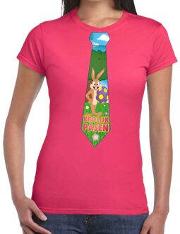 Bellatio Decorations Paashaas stropdas vrolijk Pasen t-shirt roze voor dames M