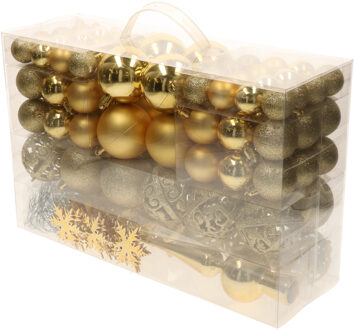 Bellatio Decorations Pakket met 110x stuks kunststof kerstballen/ornamenten met piek goud