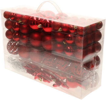Bellatio Decorations Pakket met 110x stuks kunststof kerstballen/ornamenten met piek rood