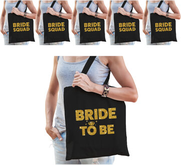 Bellatio Decorations Pakket Vrijgezellenfeest dames tasjes/ goodiebag: 1x Bride to Be zwart goud+ 5x Bride Squad zwart go