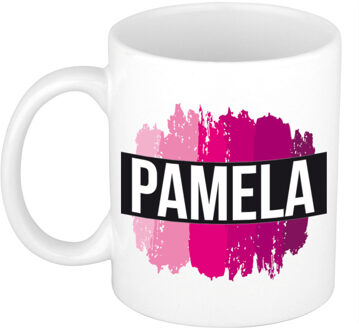 Bellatio Decorations Pamela naam / voornaam kado beker / mok roze verfstrepen - Gepersonaliseerde mok met naam - Naam mokken