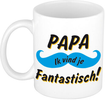 Bellatio Decorations Papa ik vind je fantastisch cadeau mok / beker wit met blauwe snor 300 ml