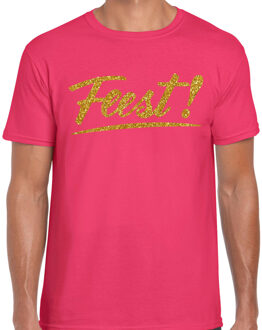 Bellatio Decorations Party T-shirt heren - roze - Feest! - glitter goud - Glitter en Glamour - thema feest