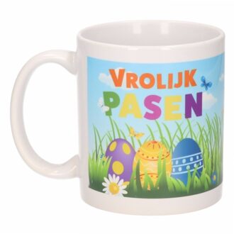 Bellatio Decorations Pasen thema koffiemok - drinkbeker - wit - 300 ml - Paasversiering