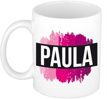 Bellatio Decorations Paula naam / voornaam kado beker / mok roze verfstrepen - Gepersonaliseerde mok met naam - Naam mokken