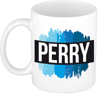 Bellatio Decorations Perry naam cadeau koffie mok - beker - met blauw verfstrepen - Cadeau collega - vaderdag