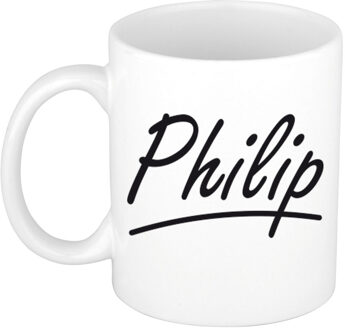 Bellatio Decorations Philip Naam koffiemok - beker - met sierlijke letters - wit - 300 ml - Cadeau - Heren