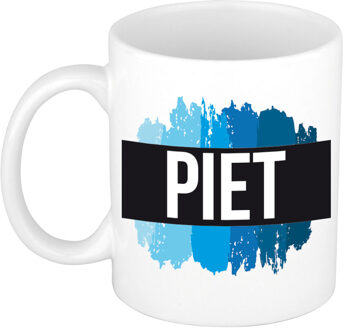 Bellatio Decorations Piet naam cadeau koffie mok - beker - met blauw verfstrepen - Cadeau collega - vaderdag