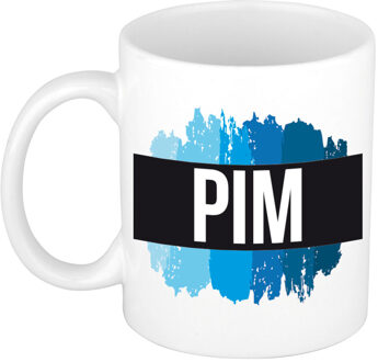 Bellatio Decorations Pim naam cadeau koffie mok - beker - met blauw verfstrepen - Cadeau collega - vaderdag