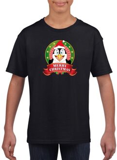 Bellatio Decorations Pinguin kerstmis shirt zwart voor jongens en meisjes L (146-152) - kerst t-shirts kind