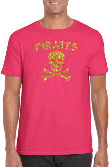 Bellatio Decorations Piraten shirt / foute party verkleed t-shirt - goud glitter roze - heren - piraten verkleedkleding / outfit 2XL