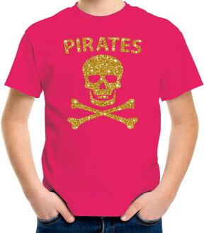 Bellatio Decorations Piraten verkleed shirt goud glitter roze voor kinderen - piraten kostuum - Verkleedkleding L (146-152)