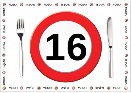 Bellatio Decorations Placemat 16 jaar - 10x stuks - 42 x 30 cm - 90g - papier - verjaardag - jubileum Multi