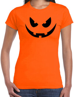 Bellatio Decorations Pompoen gezicht horror shirt oranje voor dames - verkleed t-shirt XS