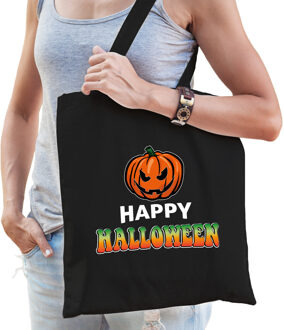 Bellatio Decorations Pompoen / happy halloween trick or treat katoenen tas/ snoep tas zwart