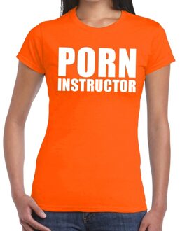 Bellatio Decorations Porn instructor tekst t-shirt oranje dames 2XL