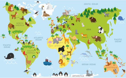 Bellatio Decorations Poster wereldkaart met dieren / natuurlijke leefgebieden voor op kinderkamer / school 84 x 52 cm Multi