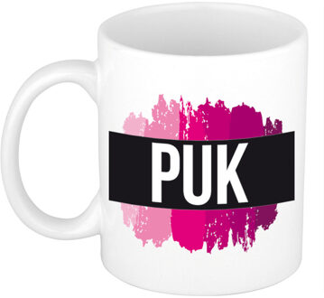 Bellatio Decorations Puk naam cadeau koffie mok - beker - met roze verfstrepen - Cadeau collega - moederdag