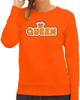 Bellatio Decorations Queen in cartoon letters sweater oranje voor dames - Koningsdag truien 2XL - Feesttruien