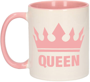 Bellatio Decorations Queen koffiemok - drinkbeker - roze met wit - 300 ml - keramiek - Voel je de Koningin