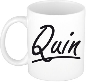 Bellatio Decorations Quin Naam koffiemok - beker - met sierlijke letters - wit - 300 ml - Cadeau - Heren