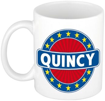 Bellatio Decorations Quincy voornaam koffiemok - beker - wit/blauw - 300 ml - Cadeau - Heren - Collega - Vaderdag