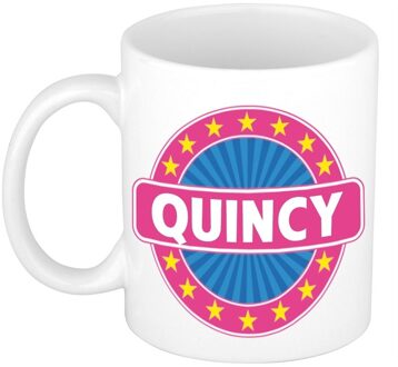 Bellatio Decorations Quincy voornaam koffiemok - beker - wit/roze - 300 ml - Cadeau - Dames - Collega - Moederdag Multi