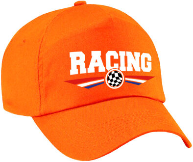 Bellatio Decorations Racing / autosport supporter pet met finish vlag en Nederlandse kleuren oranje voor kinderen - Verkleedhoofddeksels