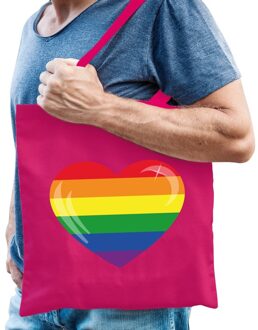 Bellatio Decorations Rainbow gaypride tas - regenboog hart fuchsia roze katoenen tas - gaypride/lhbt